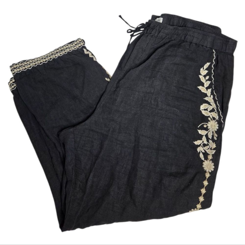 VINTAGE Johnny Was LA black linen embroidered pull on coastal pants XXL‎